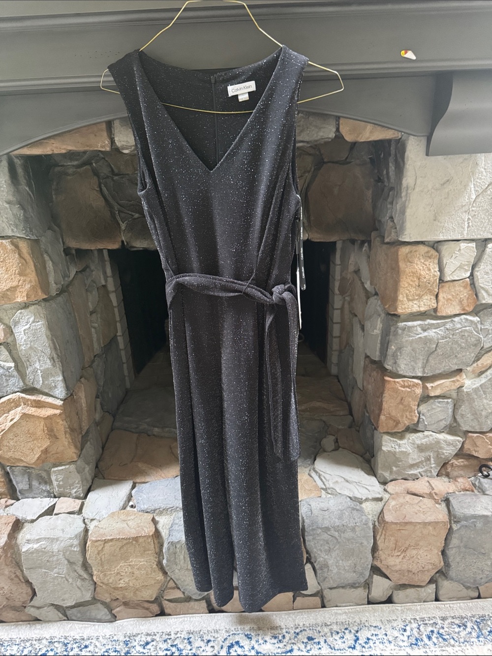 Calvin Klein Black Sparkle Maxi Dress with Tie Waist